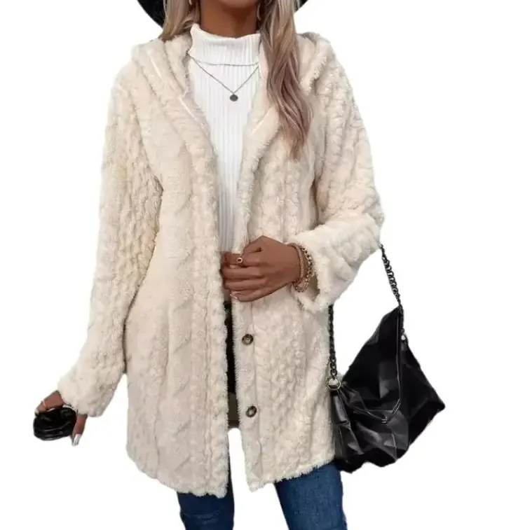 Hooded Cardigan Button Long Jacket Winter Solid Color Long Sleeve Coat