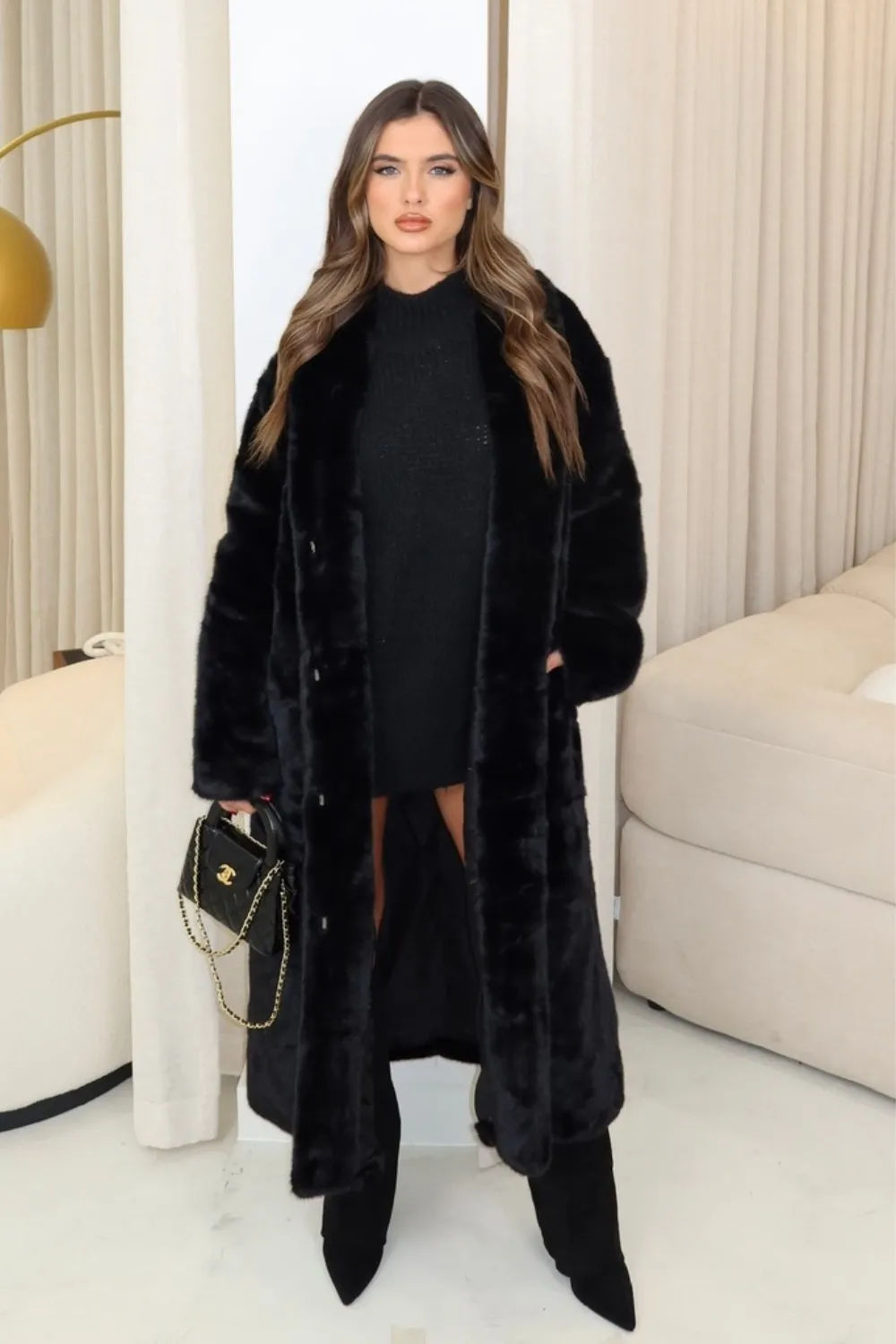 Kate black longline faux fur coat