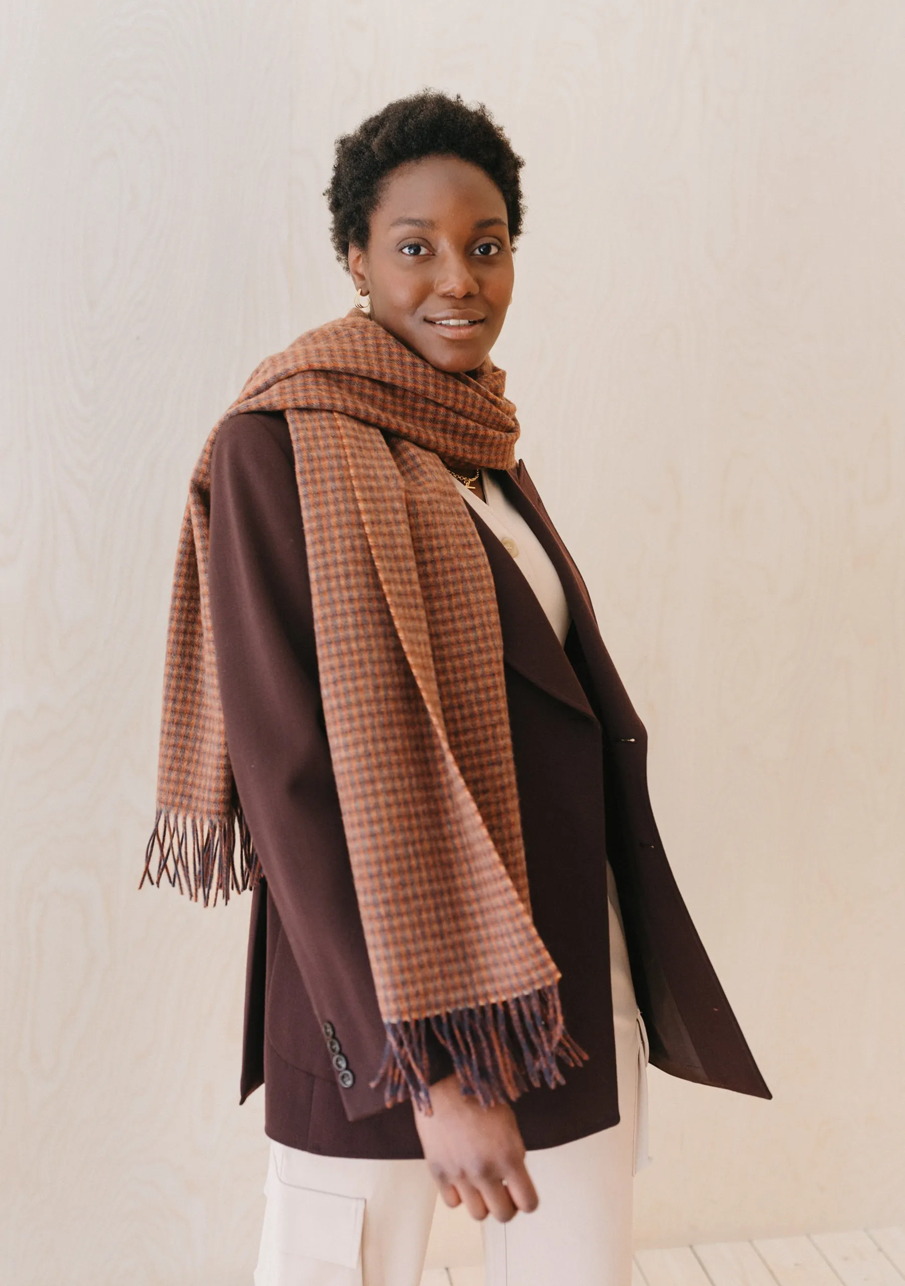 Lambswool Blanket Scarf in Coffee Textured Check