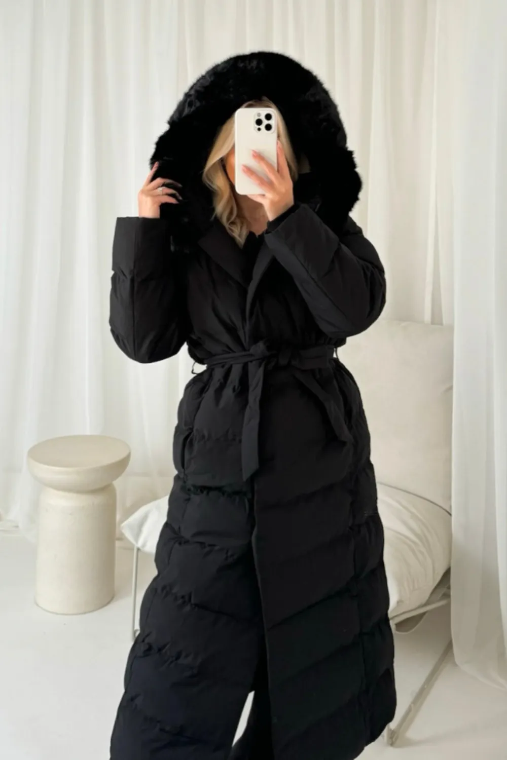 Laurena black long padded hooded puffer coat