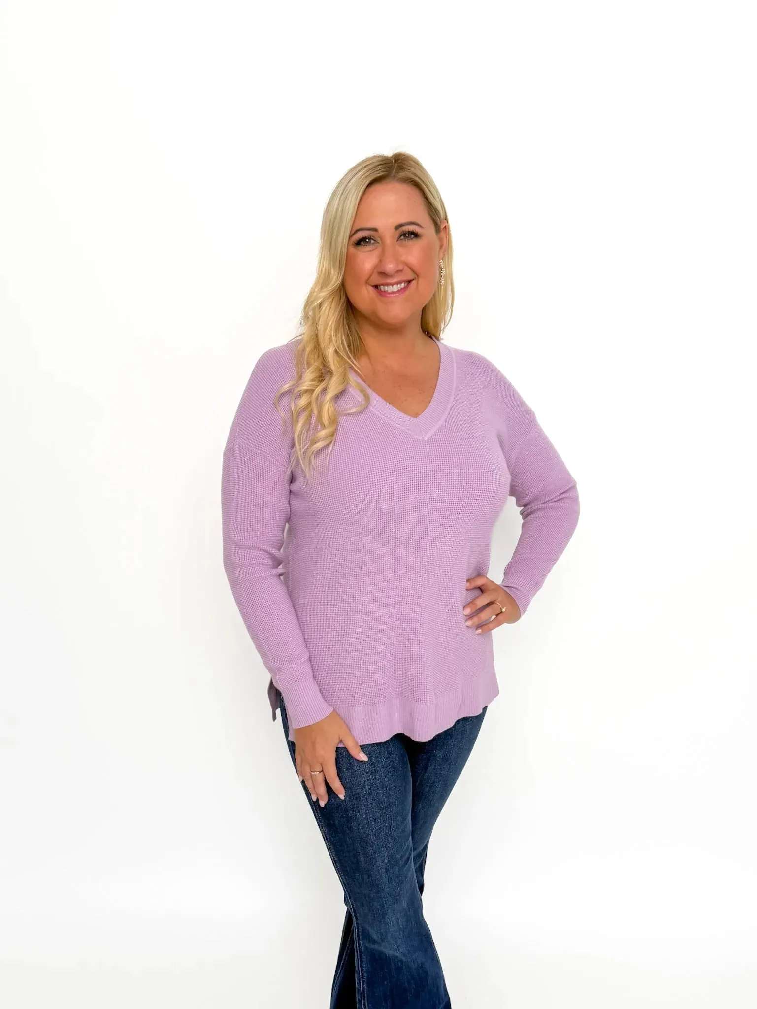 Lavender Waffle V Neck Sweater