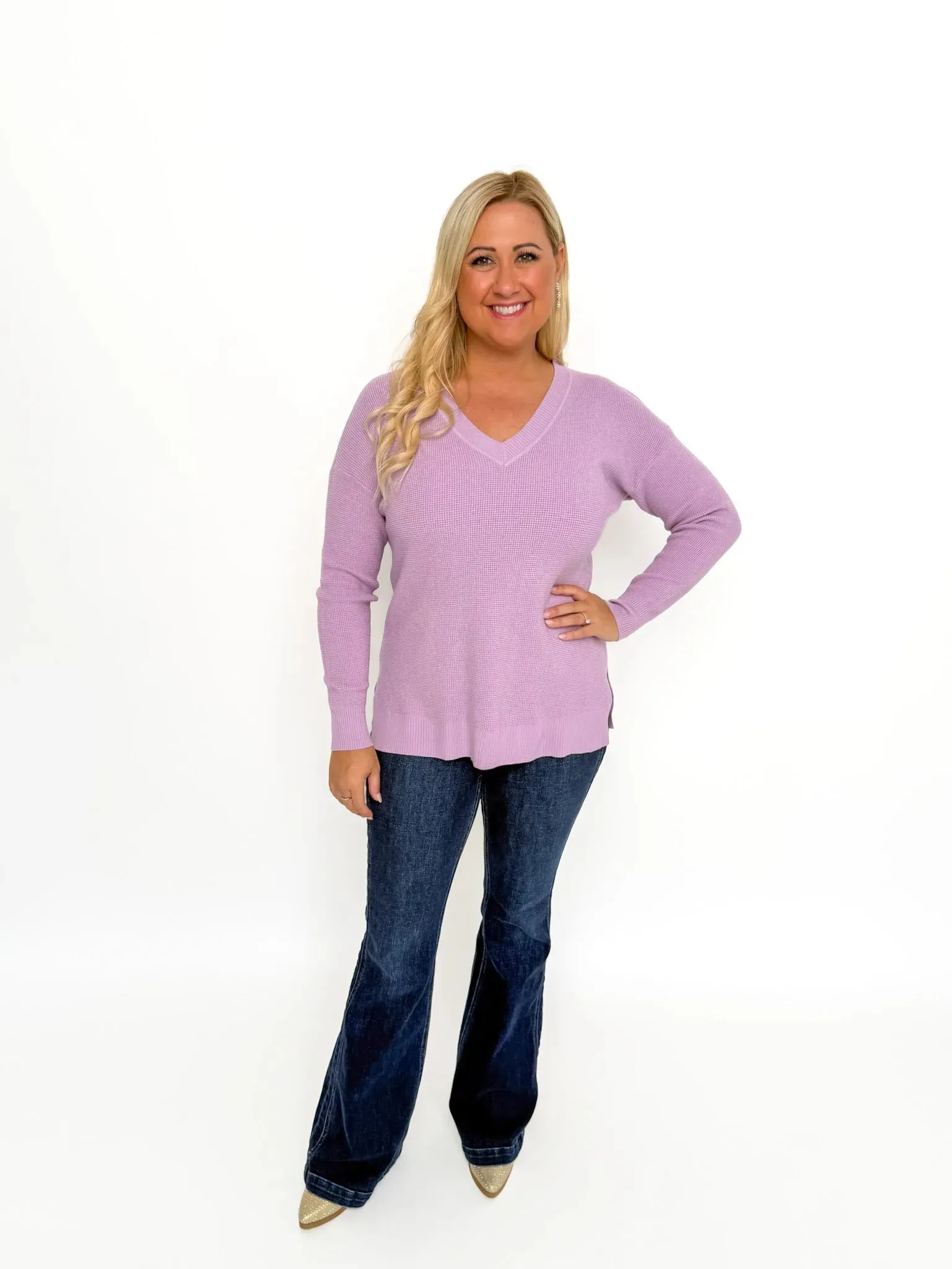 Lavender Waffle V Neck Sweater