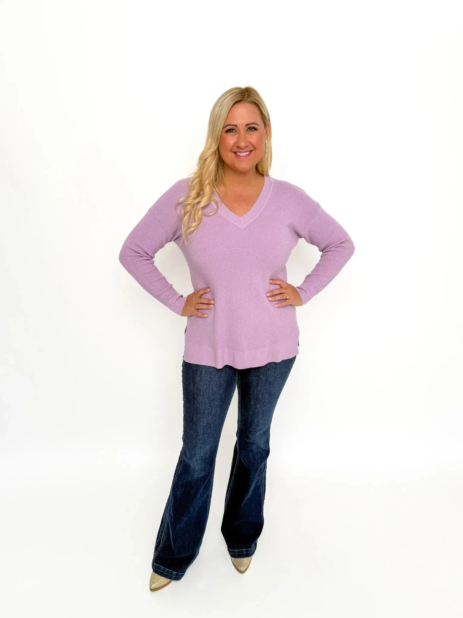 Lavender Waffle V Neck Sweater