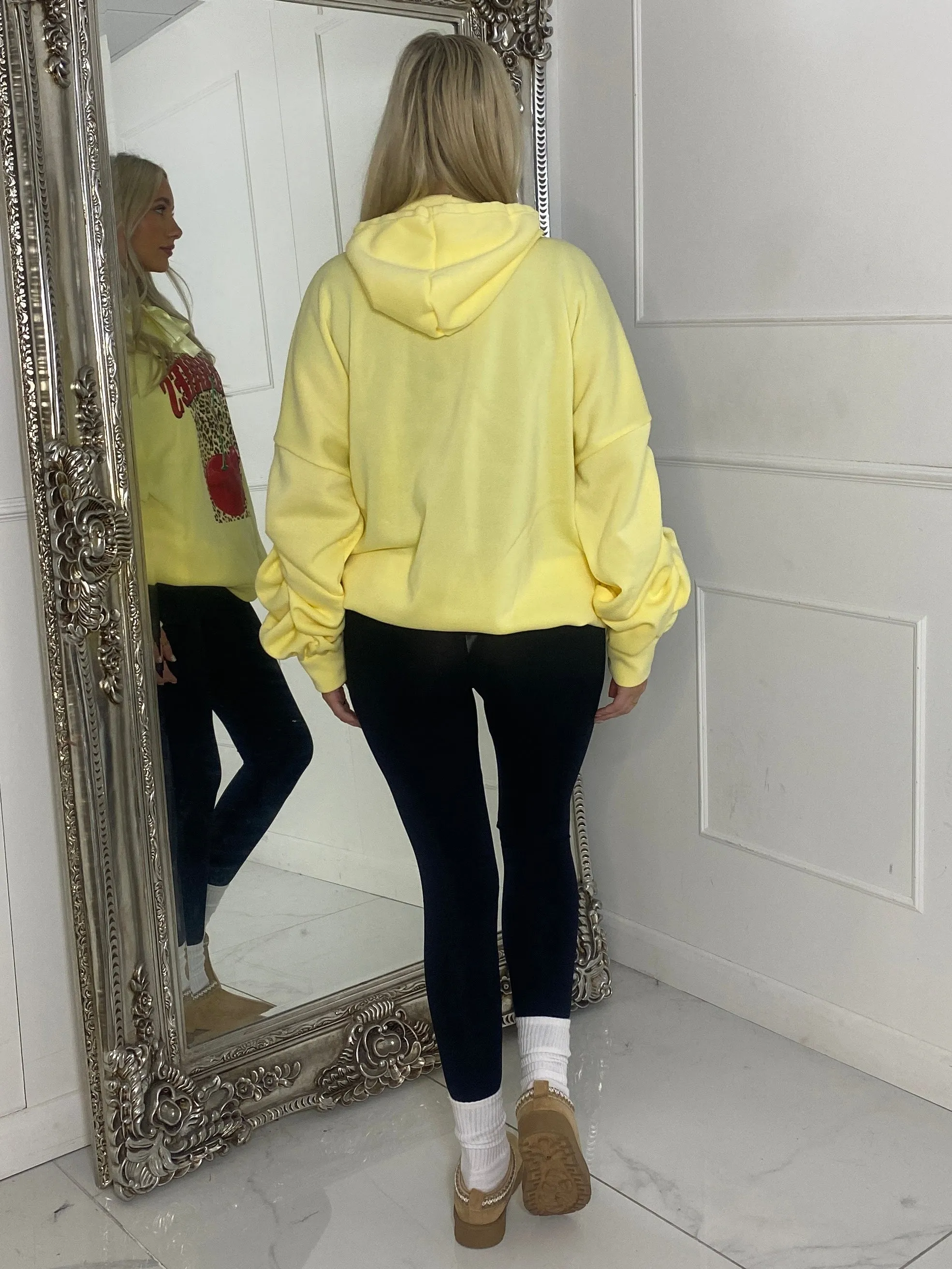 Leopard Box Cherries Print Ruche Sleeve Hoodie - Yellow