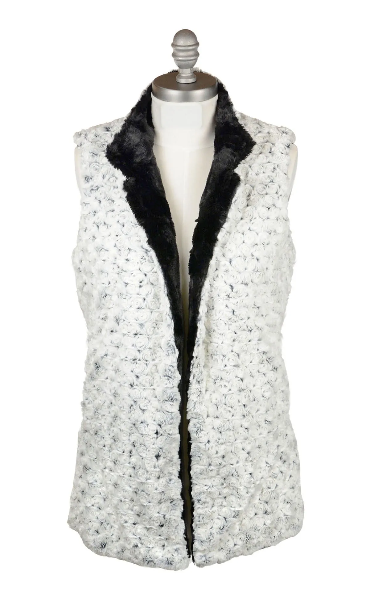 Mandarin Vest Short, Reversible less pockets - Luxury Faux Fur in Rosebud Black