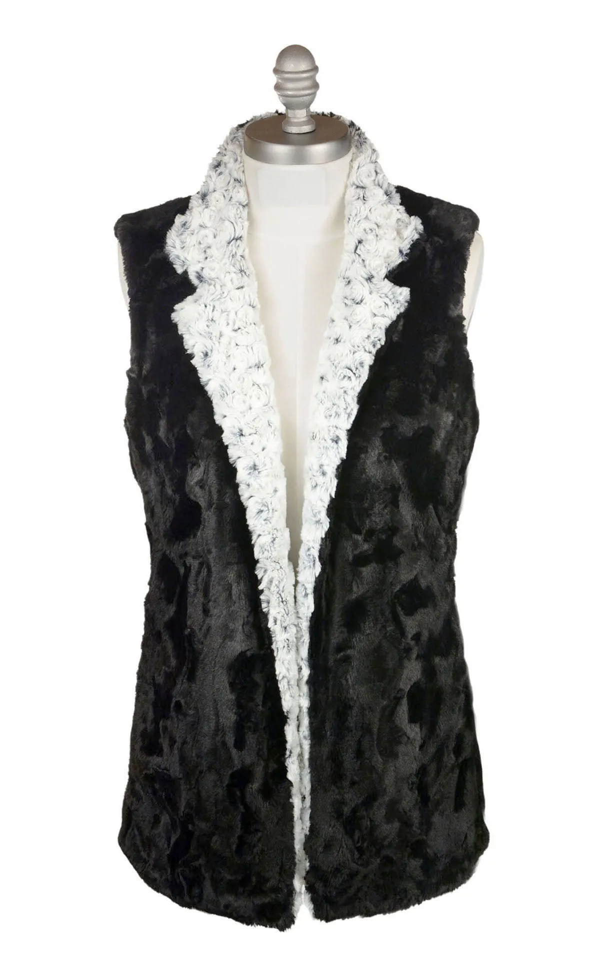 Mandarin Vest Short, Reversible less pockets - Luxury Faux Fur in Rosebud Black