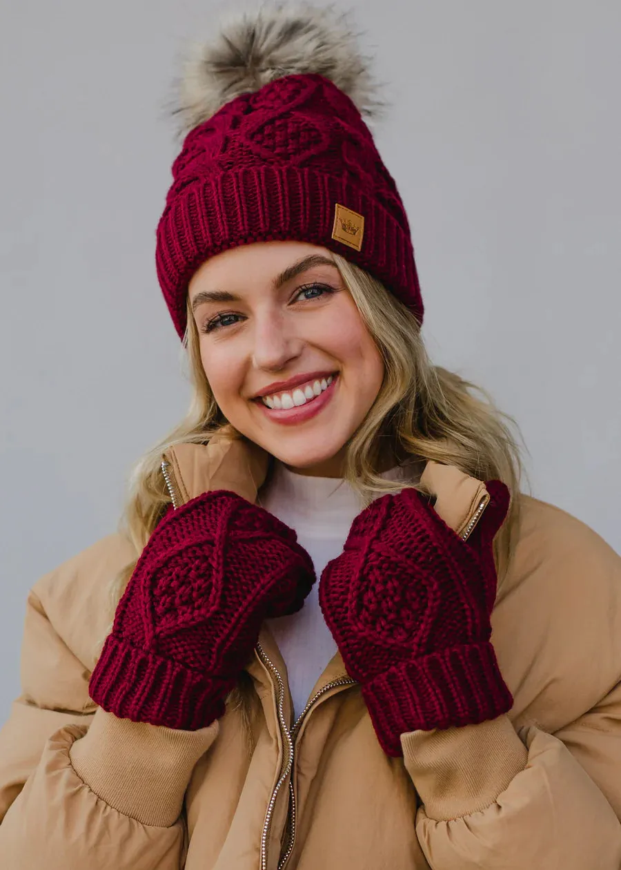 Maroon Cable Knit Mittens