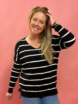 My Favorite V-Neck Soft Knit Sweater in Black and White Striped