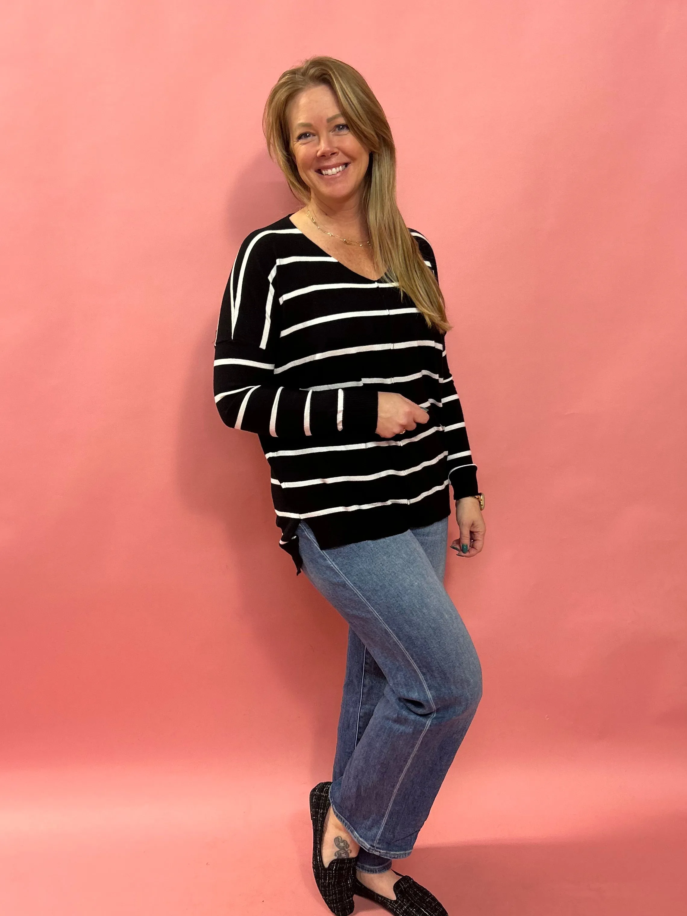 My Favorite V-Neck Soft Knit Sweater in Black and White Striped