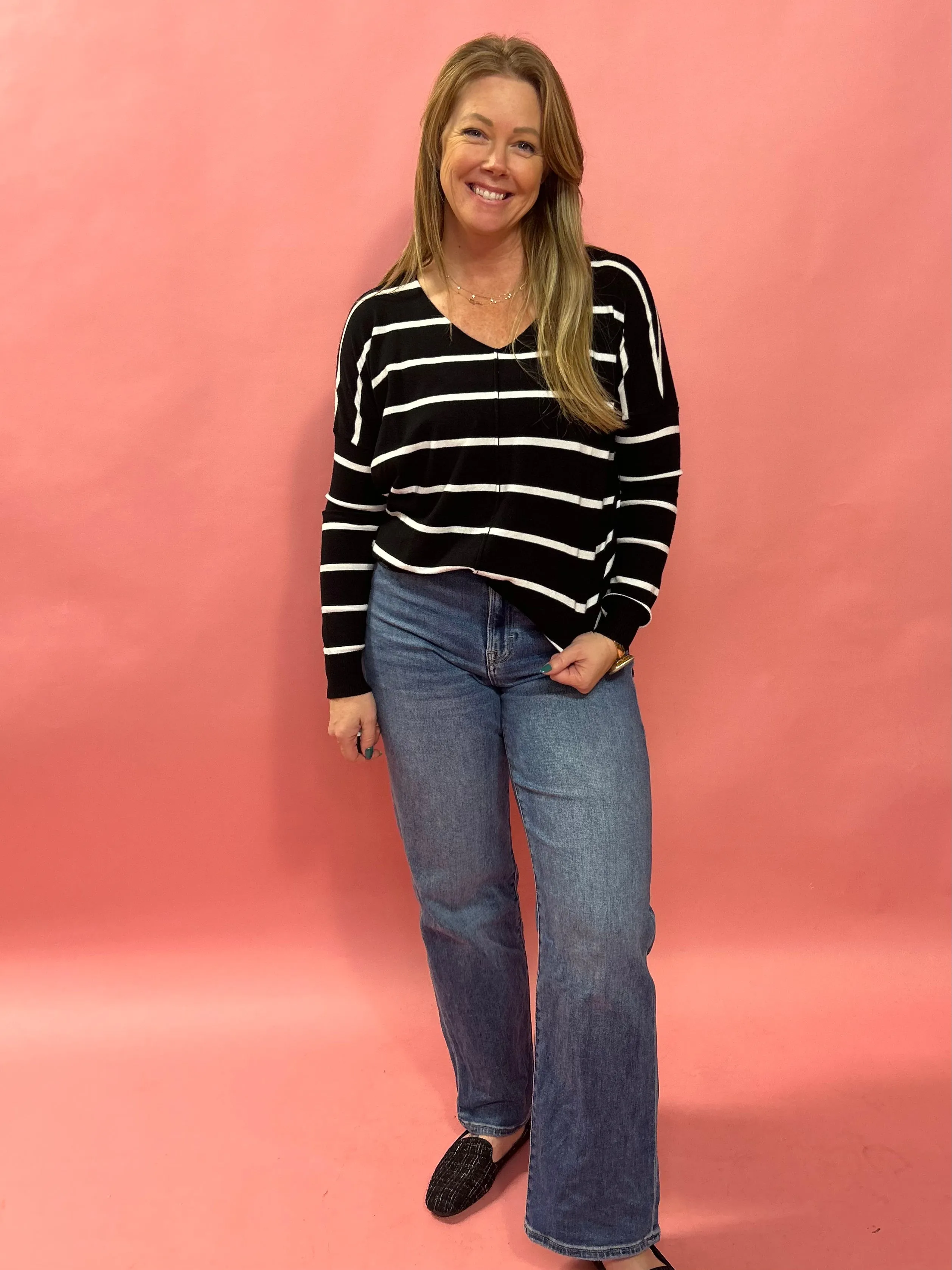 My Favorite V-Neck Soft Knit Sweater in Black and White Striped