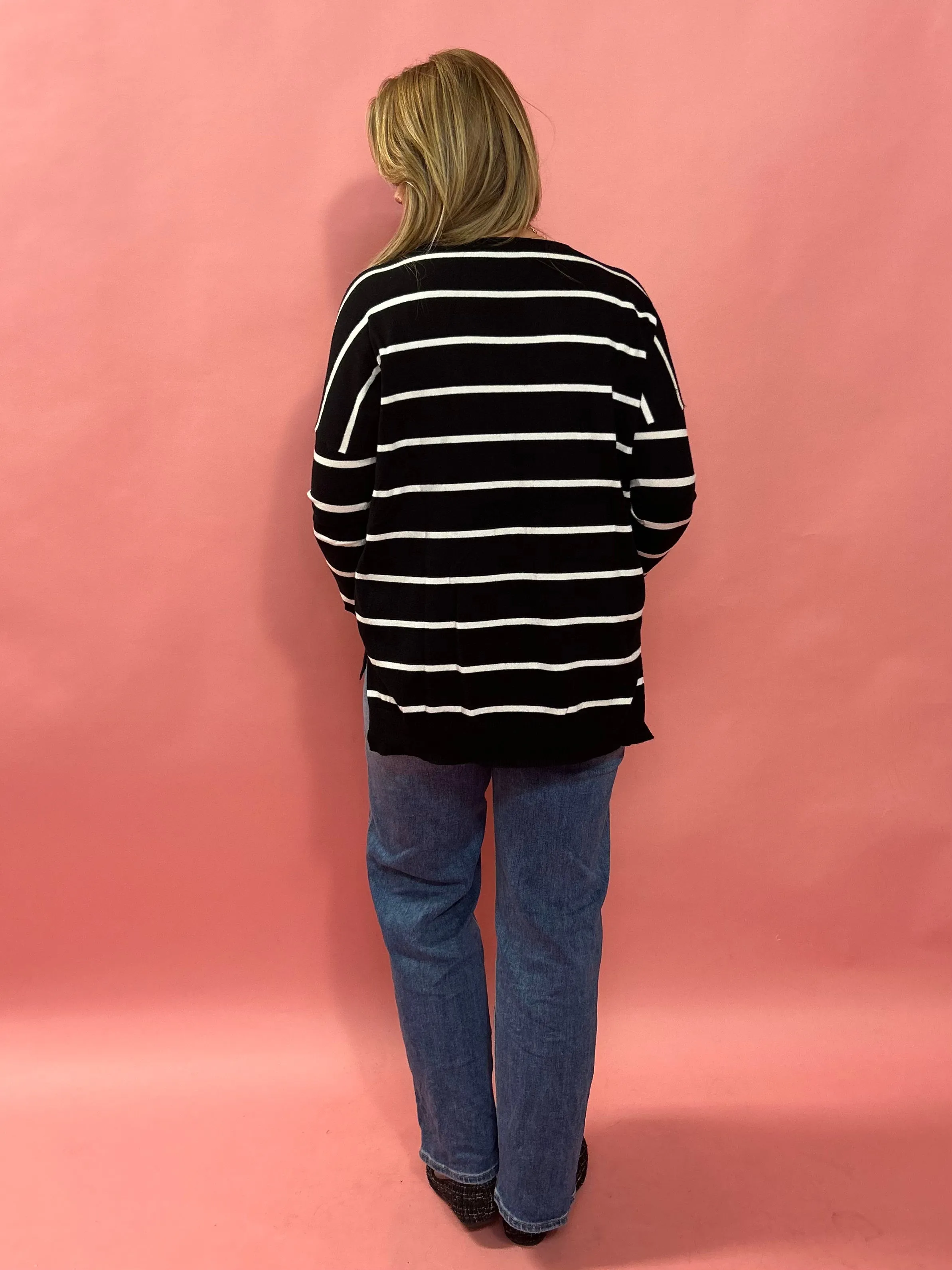 My Favorite V-Neck Soft Knit Sweater in Black and White Striped