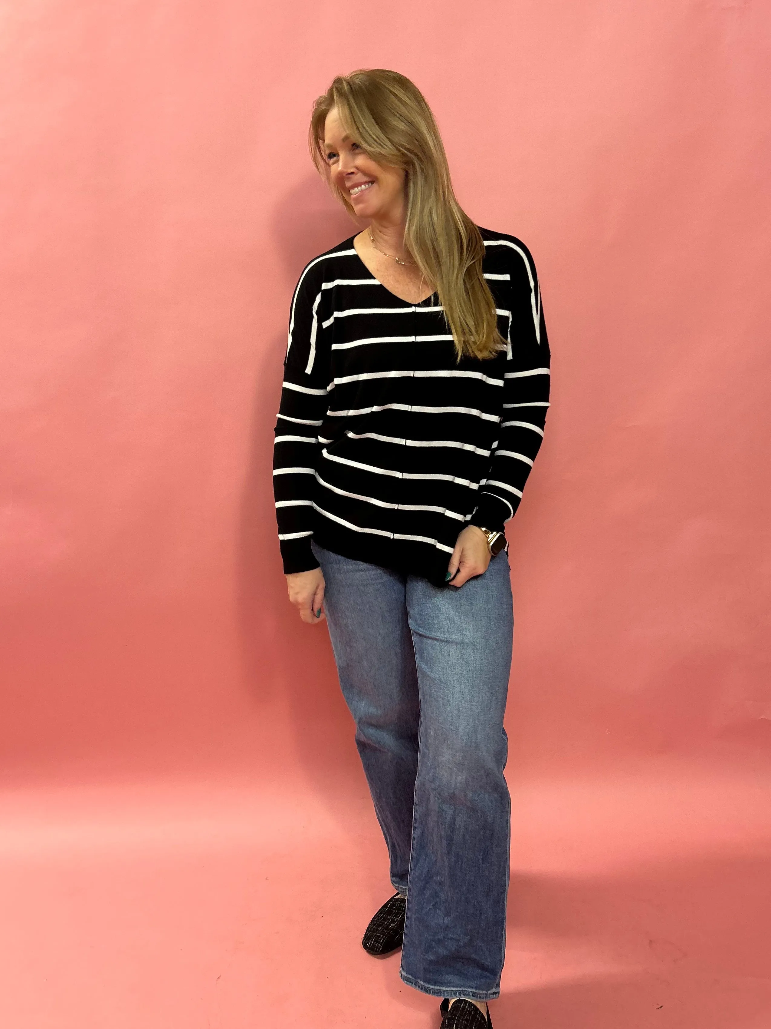 My Favorite V-Neck Soft Knit Sweater in Black and White Striped