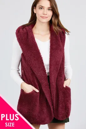 Open Front W/hoodie Faux Fur Vest