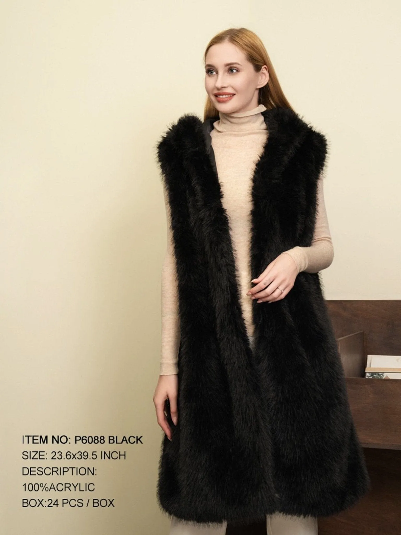 P6088 Elisa Long Faux Fur Hooded Vest