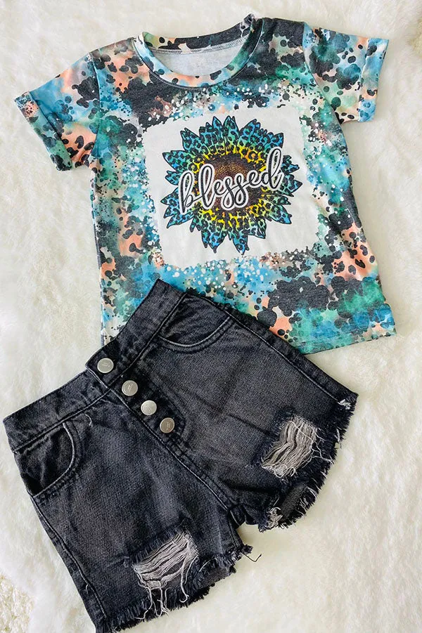 "BLESSED" multicolor animal print sunflower short sleeve t-shirt DLH1017-9