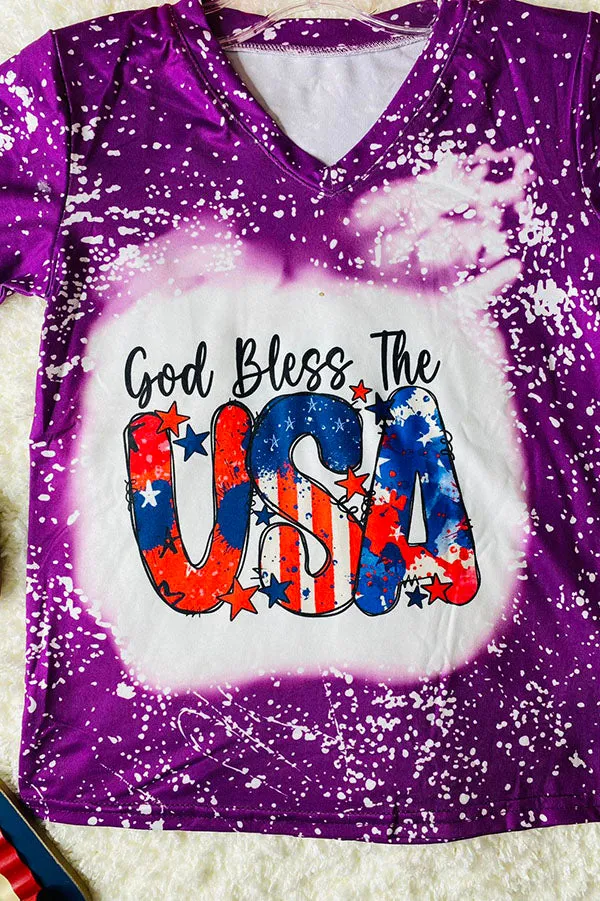 "God bless the USA" purple bleached short sleeve t-shirt DLH1224-06