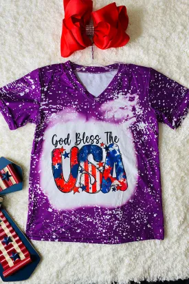 "God bless the USA" purple bleached short sleeve t-shirt DLH1224-06