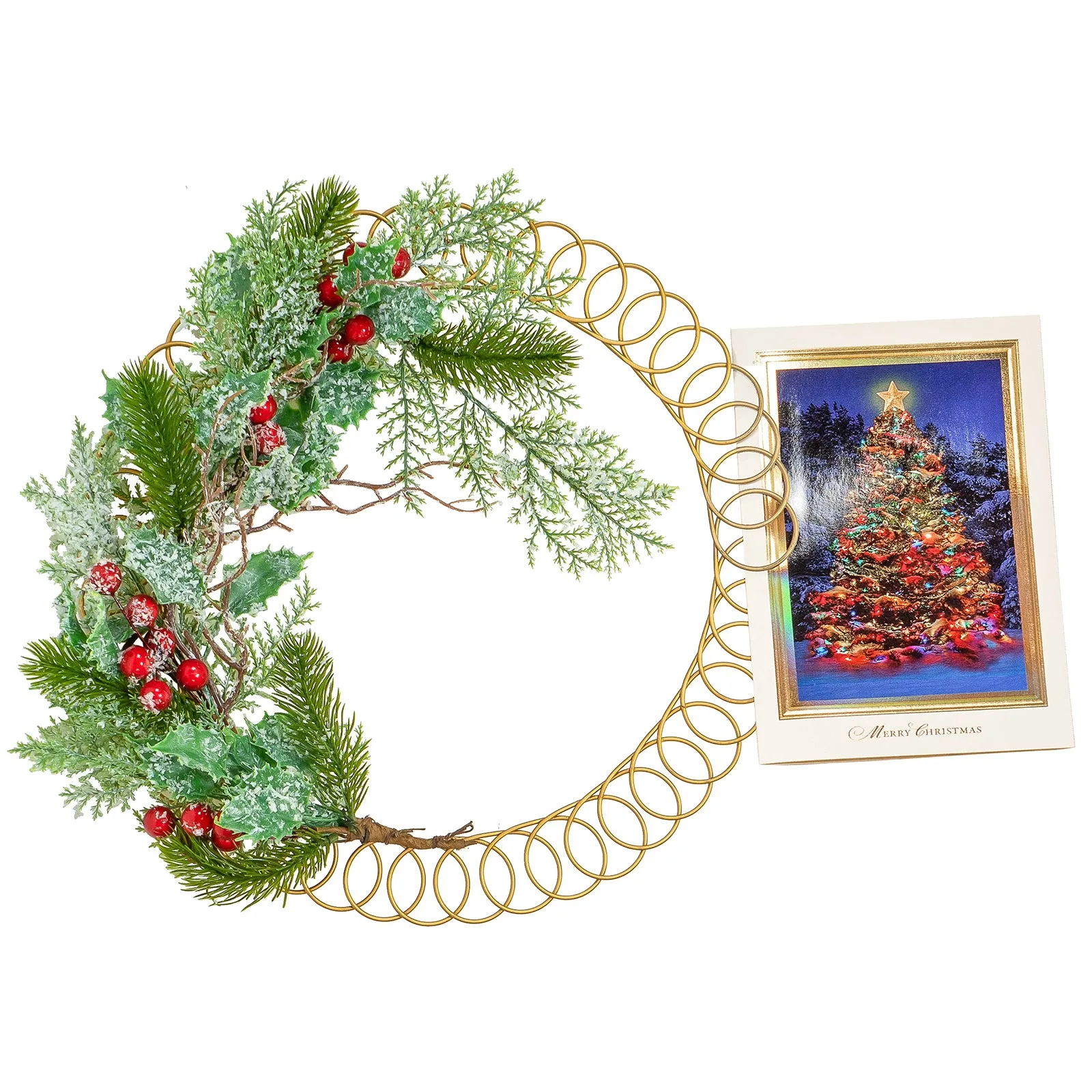 Red Co. 13.5” Decorative Golden Metal Spiral Christmas Card Holder Wreath with Snow Flecked Pine and Red Berries