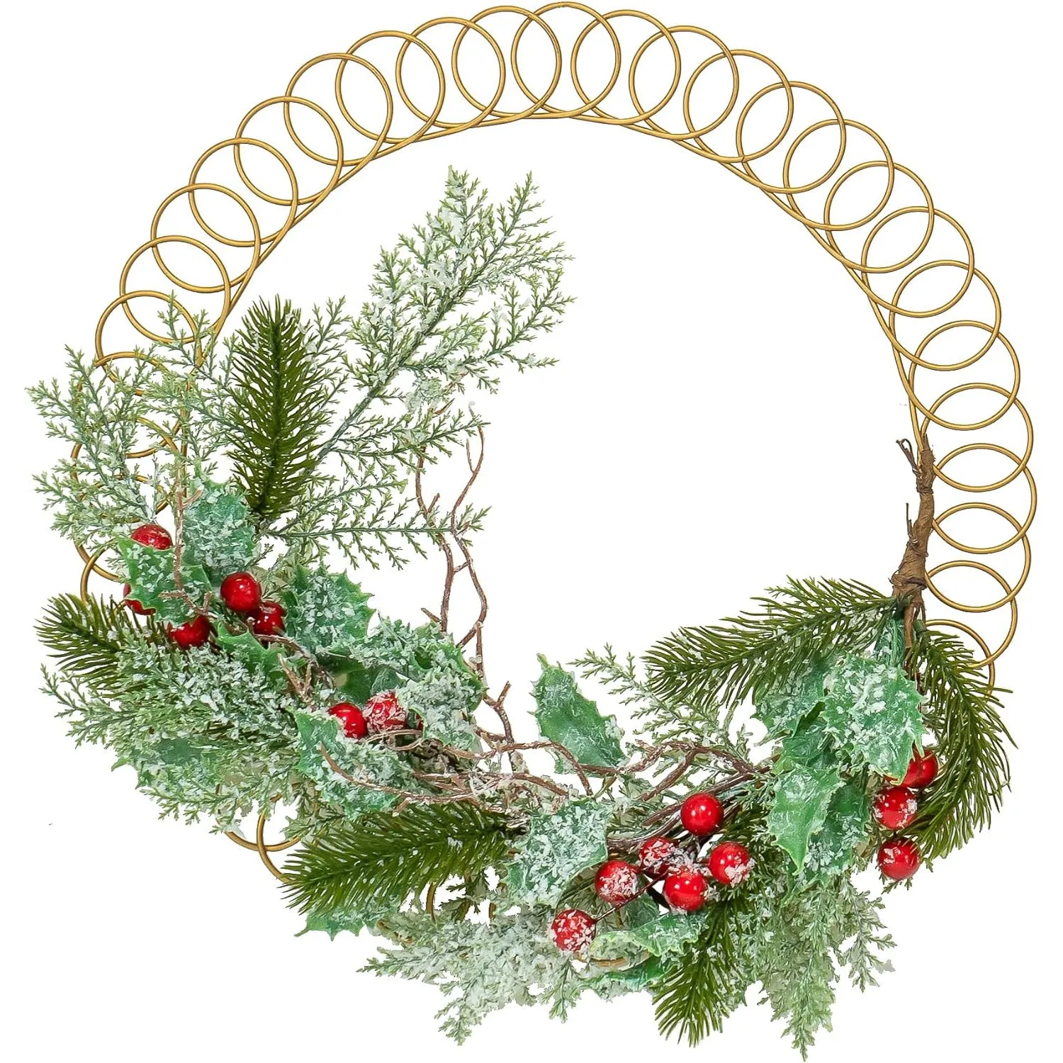 Red Co. 13.5” Decorative Golden Metal Spiral Christmas Card Holder Wreath with Snow Flecked Pine and Red Berries