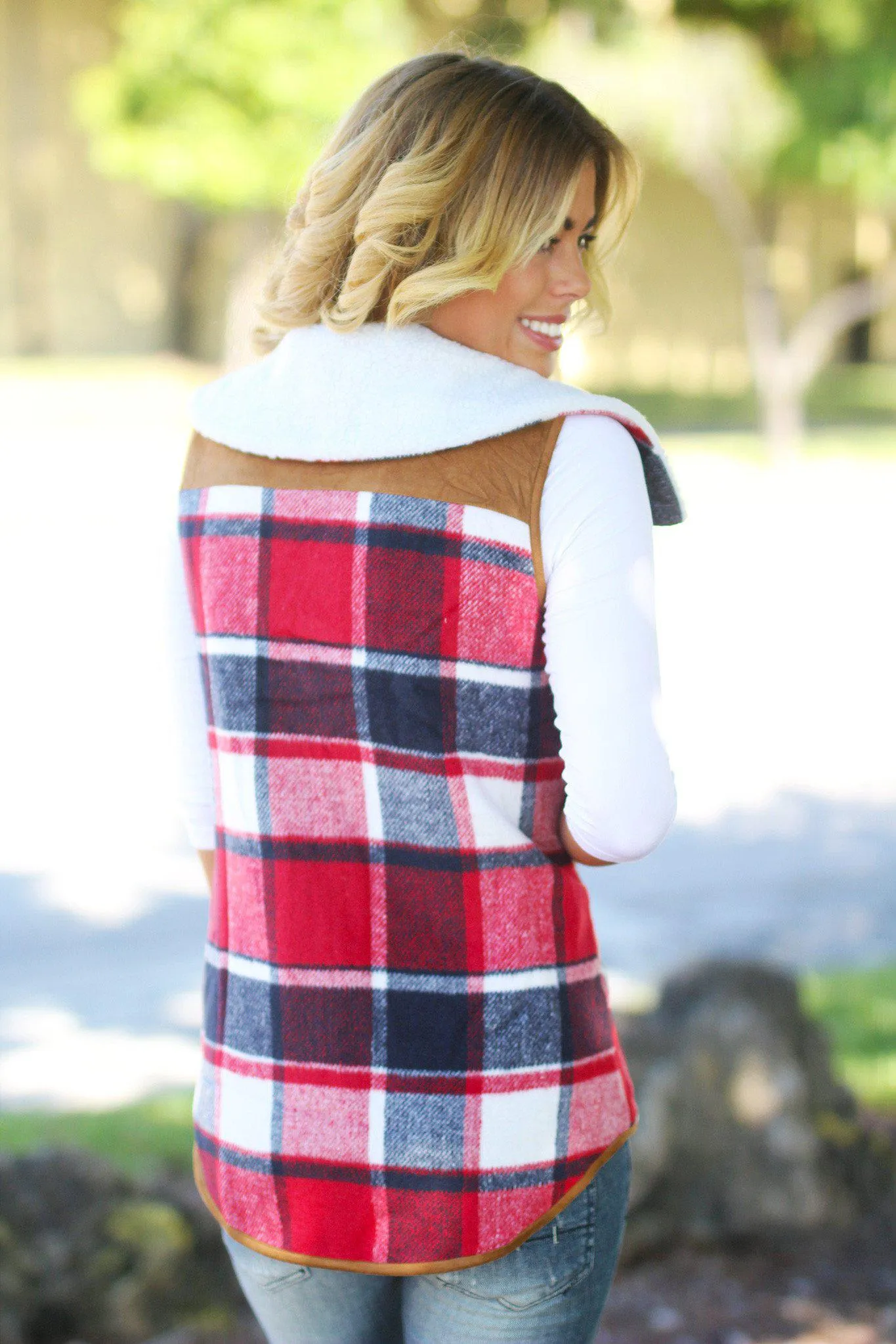 Red Plaid Faux Fur Vest