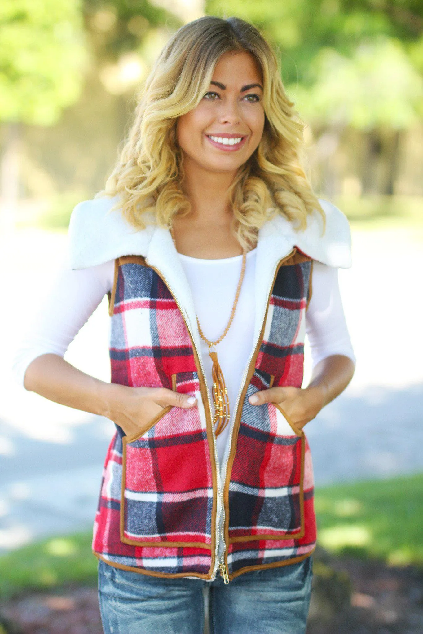 Red Plaid Faux Fur Vest