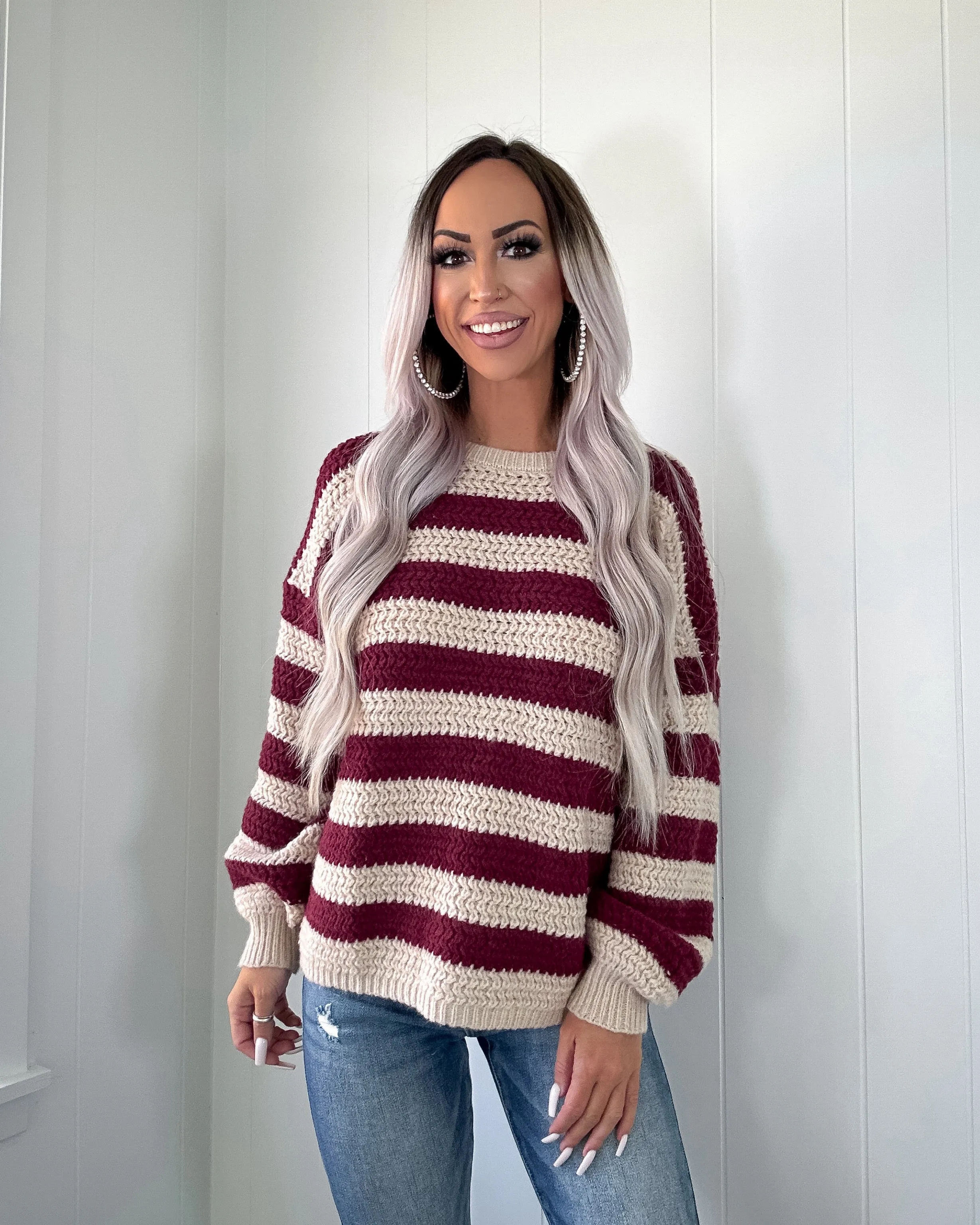 Rural Retreat Striped Knit Sweater - Maroon/Cream