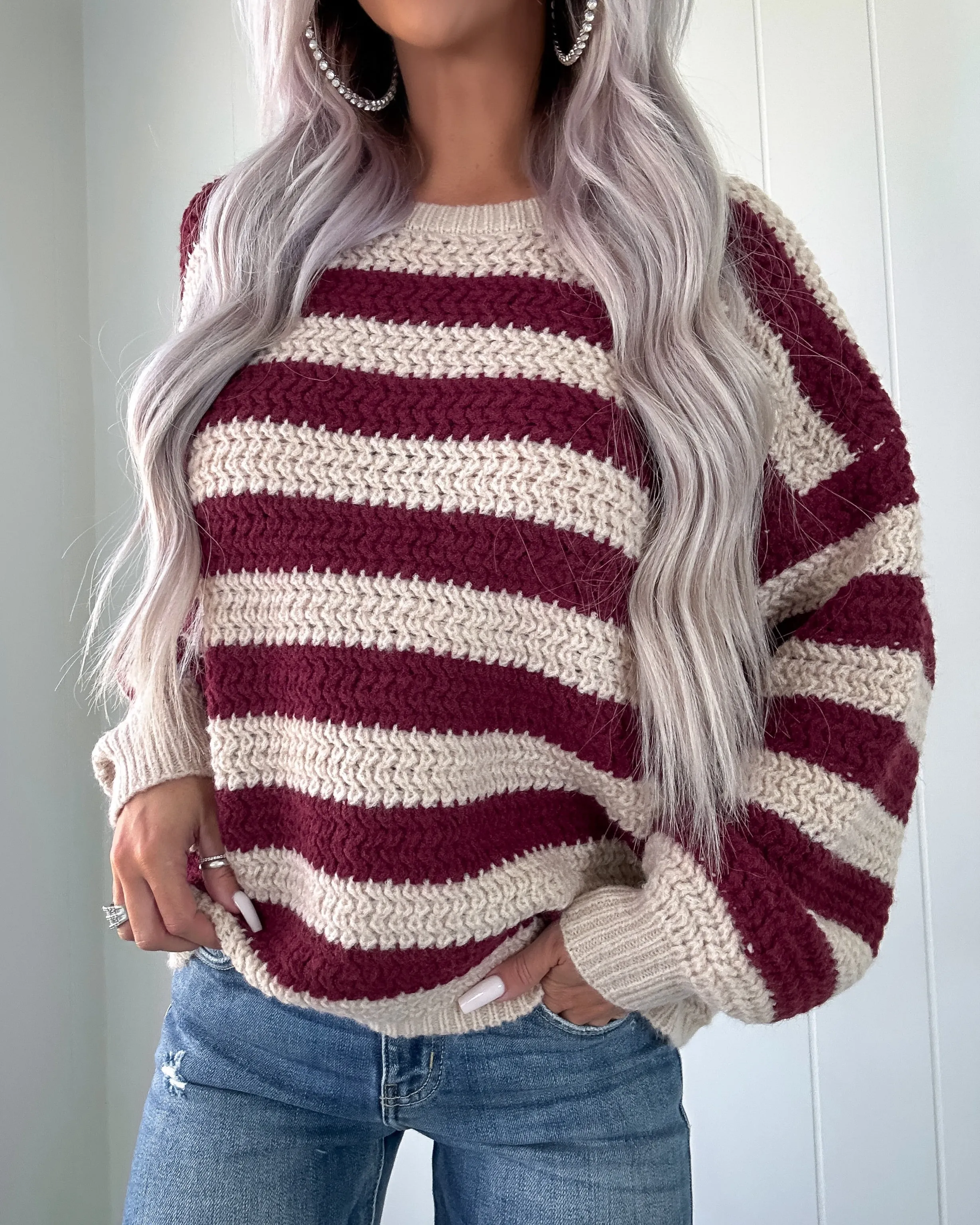 Rural Retreat Striped Knit Sweater - Maroon/Cream