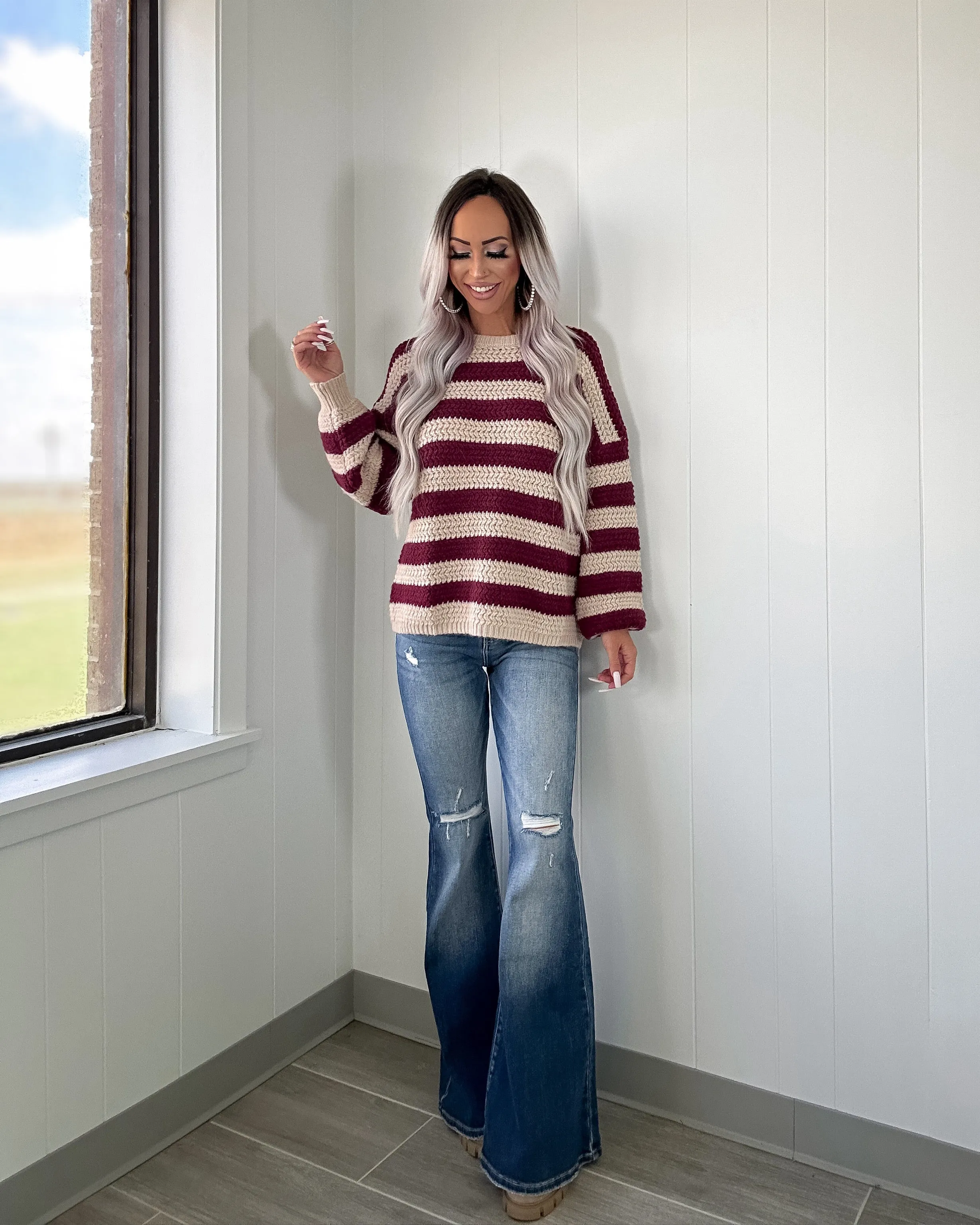 Rural Retreat Striped Knit Sweater - Maroon/Cream