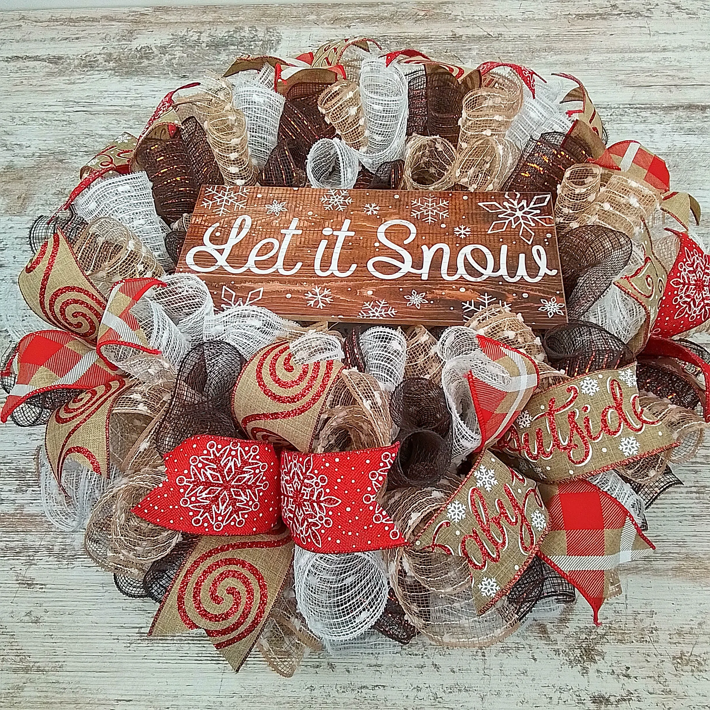 Rustic Let It Snow Wreath | Winter Christmas Mesh Front Door Wreath