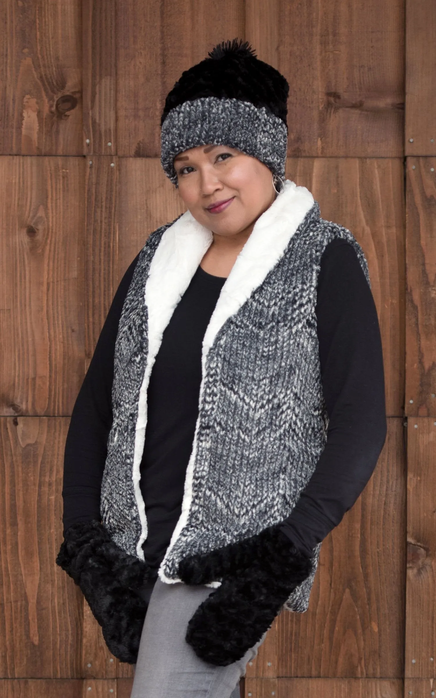 Shawl Collar Vest, Reversible less pockets - Cozy Cable in Ash Faux Fur with Cuddly Fur