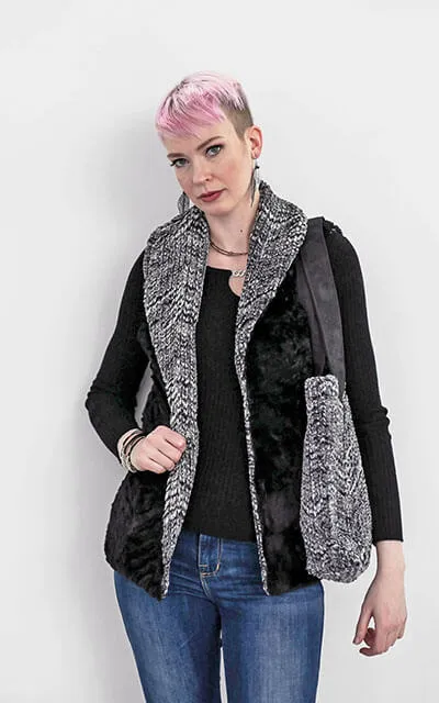 Shawl Collar Vest, Reversible less pockets - Cozy Cable in Ash Faux Fur with Cuddly Fur