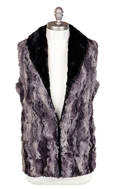 Shawl Collar Vest, Reversible less pockets - Luxury Faux Fur in Muddy Waters with Cuddly Fur in Black