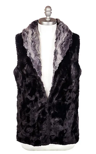 Shawl Collar Vest, Reversible less pockets - Luxury Faux Fur in Muddy Waters with Cuddly Fur in Black