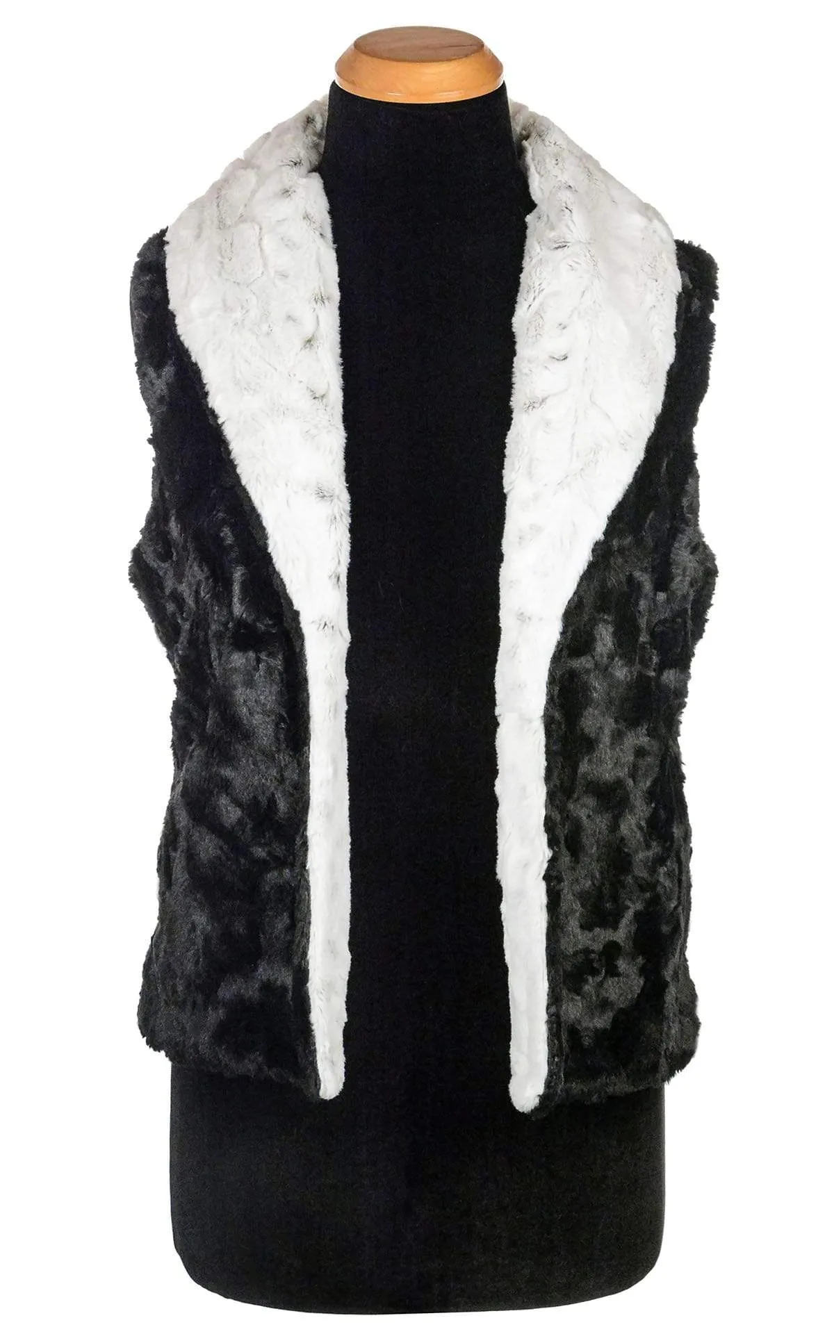 Shawl Collar Vest, Reversible less pockets - Luxury Faux Fur in Winters Frost with Cuddly Fur in Black