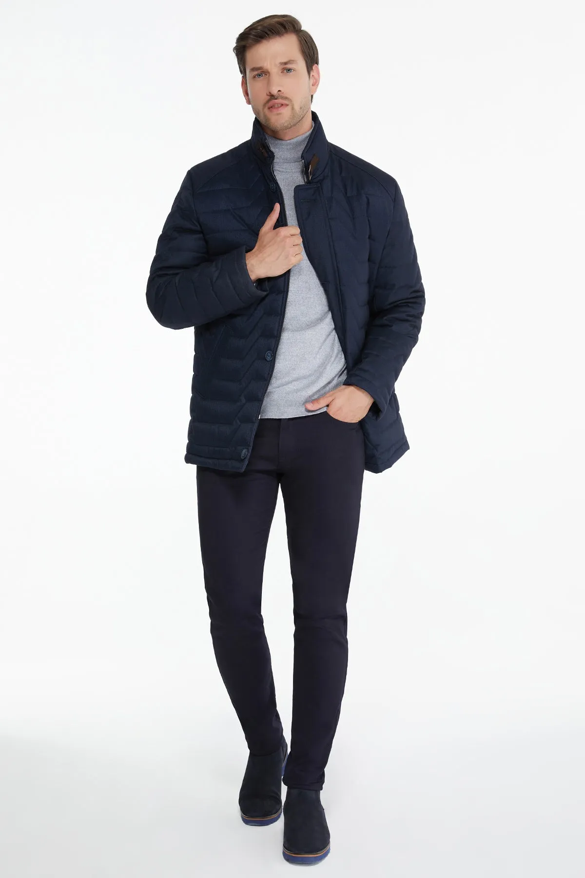 Slim Fit Toledo Stand Collar Navy Coat, Navy