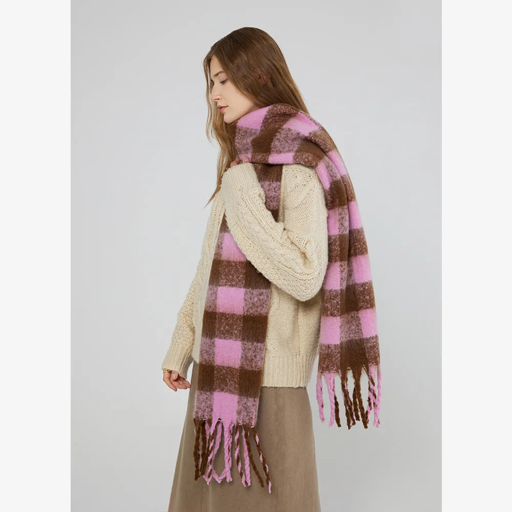 Soft Fluffy Checkered Mohair Cashmere Warm Winter Scarf