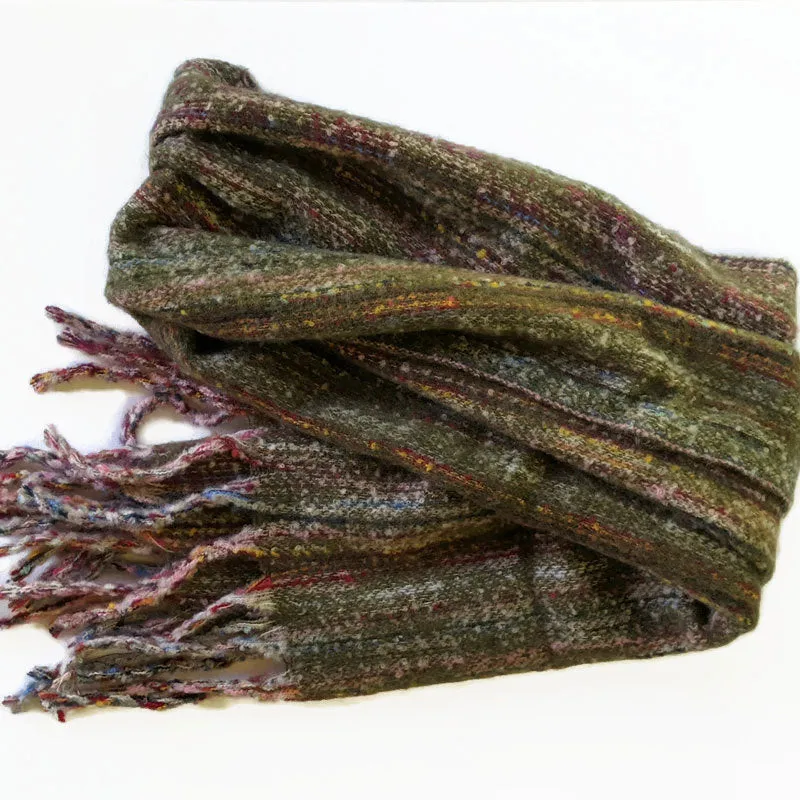 Soft knit woven scarf in Olive Green and earth tones