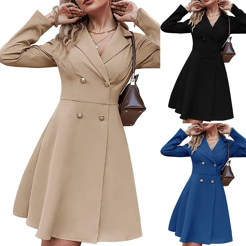 Solid Color Double Breasted Long Sleeve Trench Coat Fashion Slim Coat