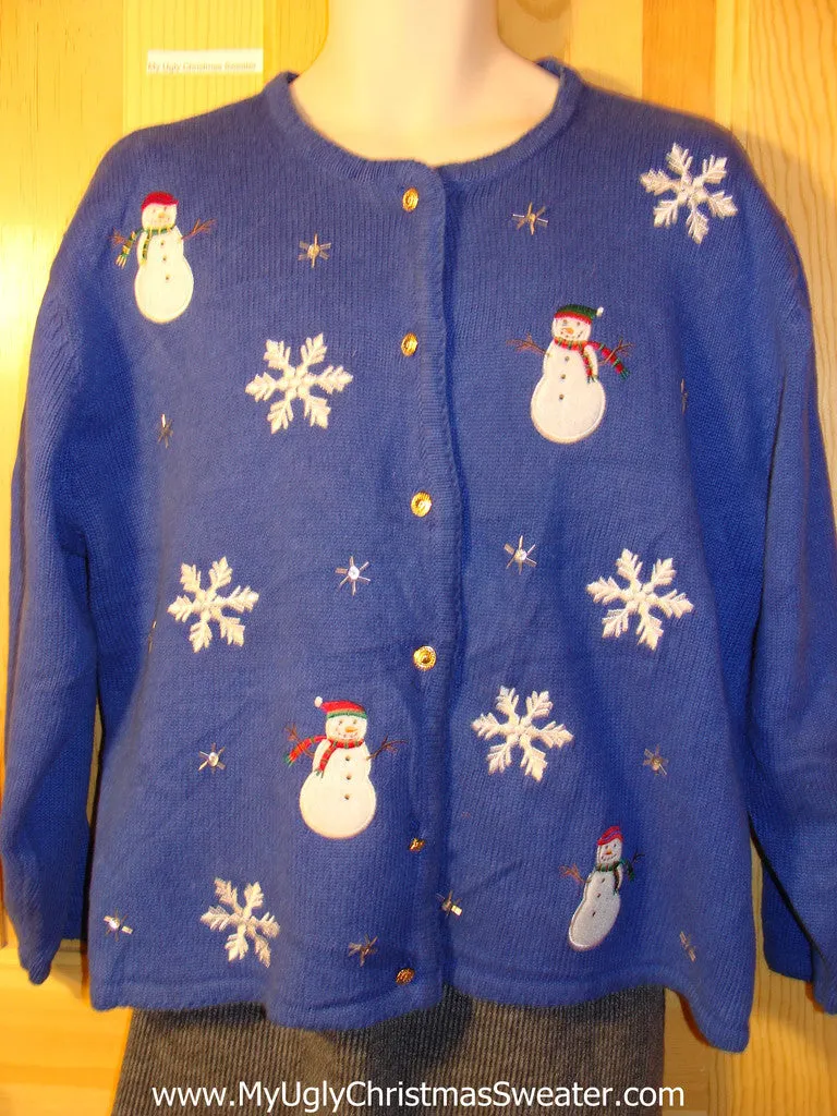 Tacky Cheap Ugly Christmas Sweater with Four Festive Plump Snowmen in a Snowy Winter Wonderland (f637)