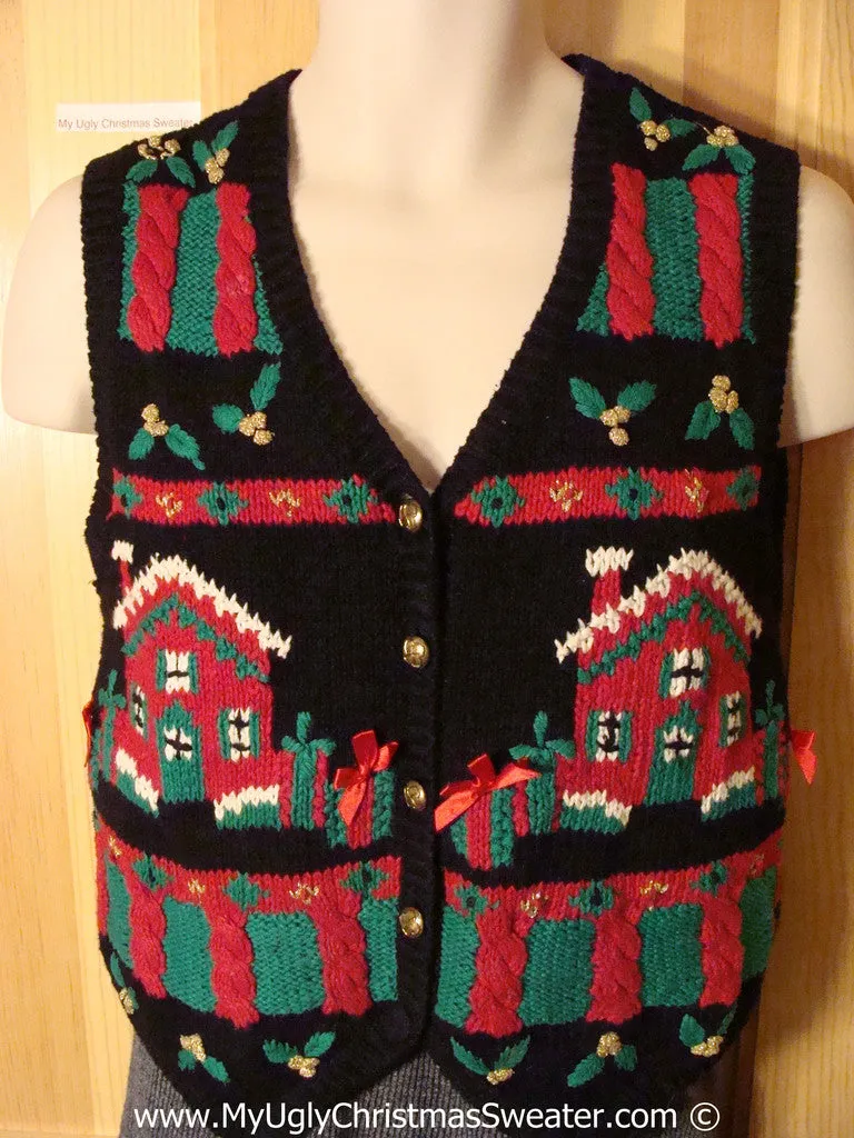 Tacky Christmas Sweater Party Ugly Sweater Vest with Festive Green and Red Homes and Gifts  (f904)