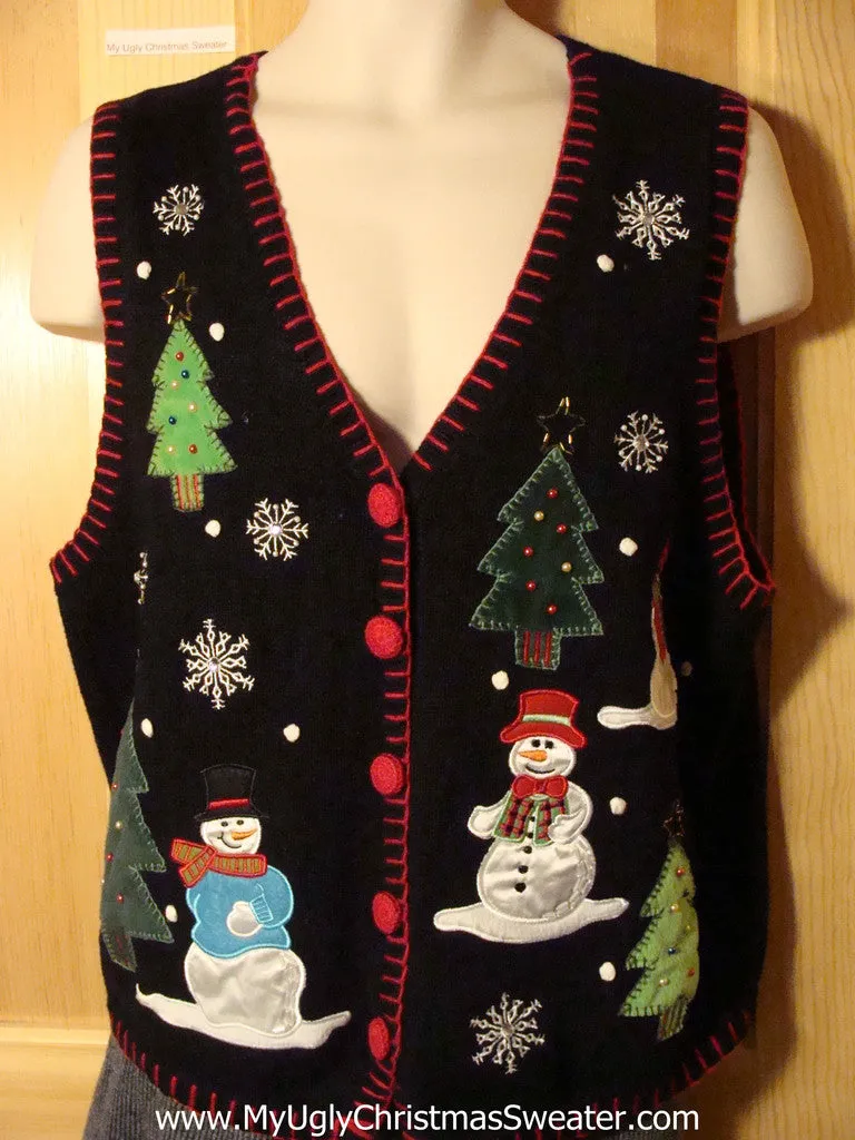 Tacky Ugly Christmas Sweater Vest with Festive Vibrant Winter Nighttime Scene with Trees and Snowmen  (f773)