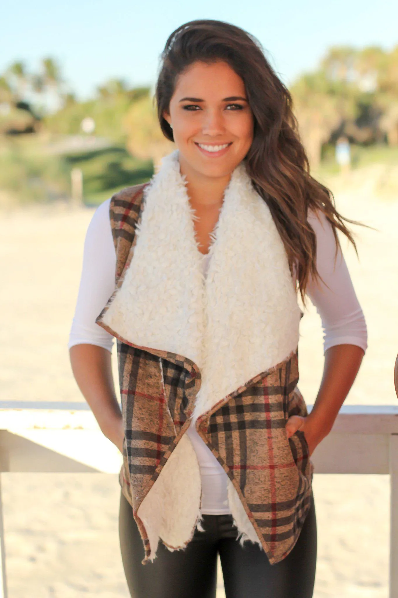 Taupe Plaid and Fur Draped Vest