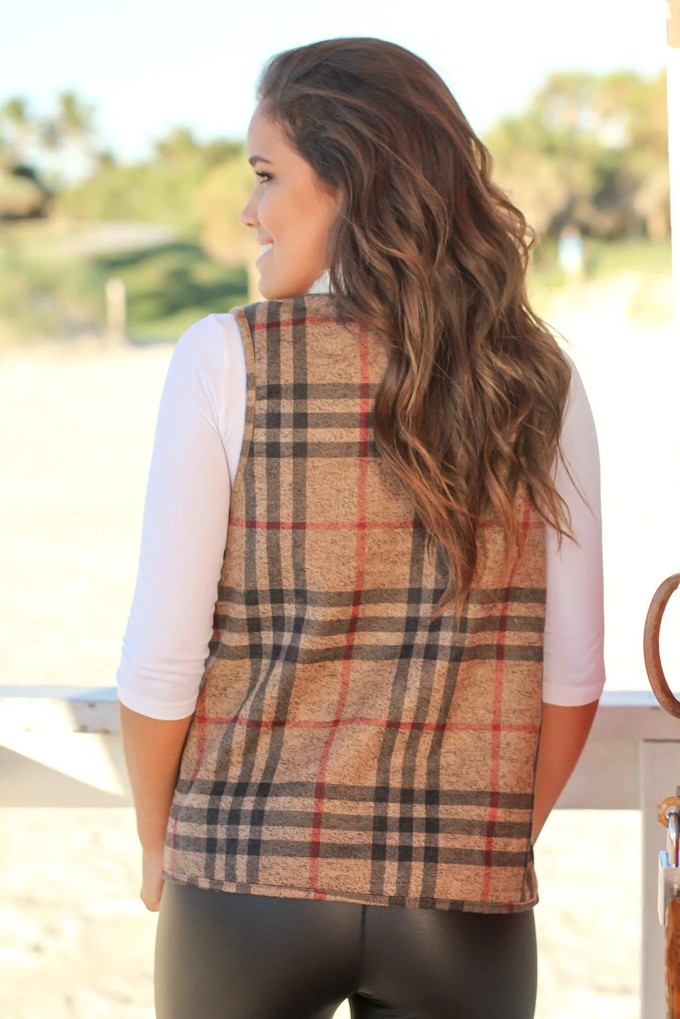 Taupe Plaid and Fur Draped Vest