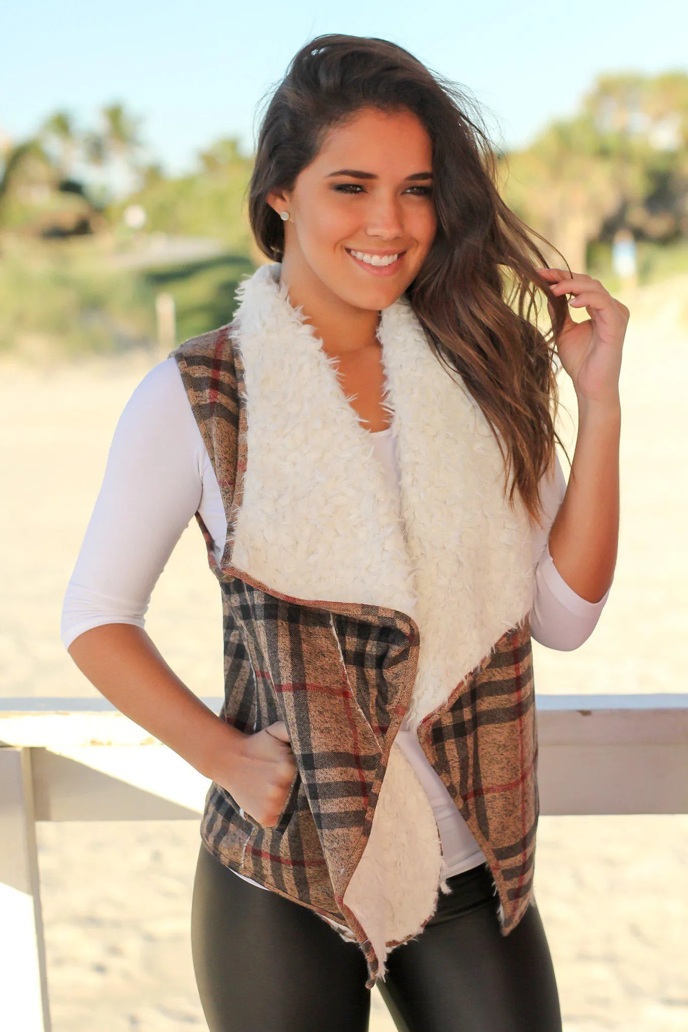 Taupe Plaid and Fur Draped Vest