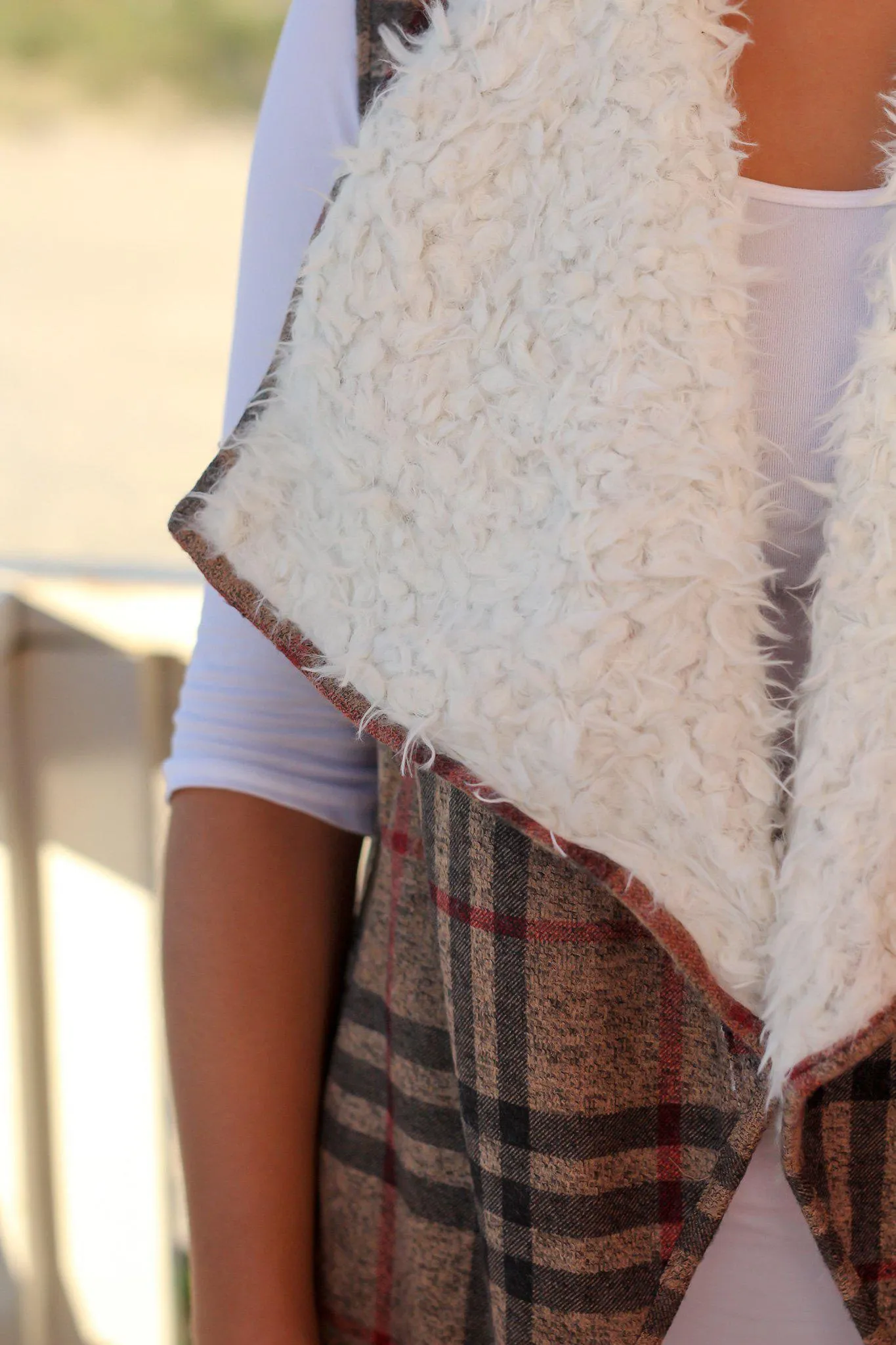 Taupe Plaid and Fur Draped Vest