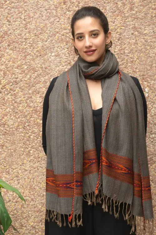 TICH Fine, Soft Himachal Wool Self Striped Stole - Warm Grey