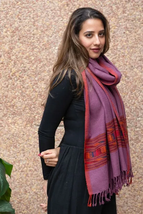 TICH Fine, Soft Himachal Wool Shawl - Mauve & Red