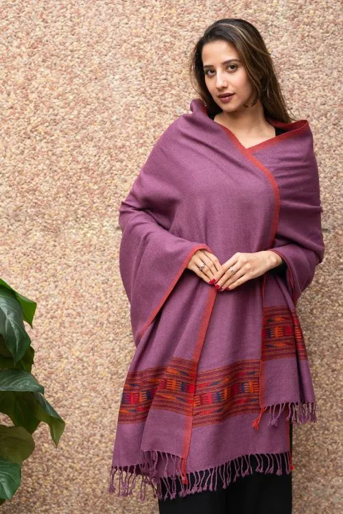 TICH Fine, Soft Himachal Wool Shawl - Mauve & Red