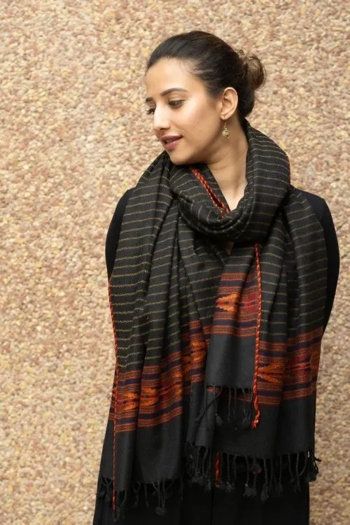 TICH Fine, Soft Himachal Wool Striped Shawl - Black & Red