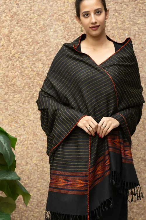 TICH Fine, Soft Himachal Wool Striped Shawl - Black & Red